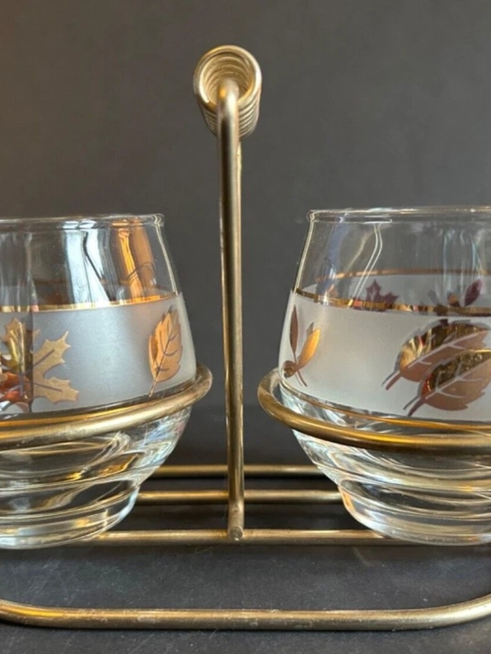 Vintage 50's Gold Leaf Design Libbey Glass Condiment Cream Sugar Set and Carrier
